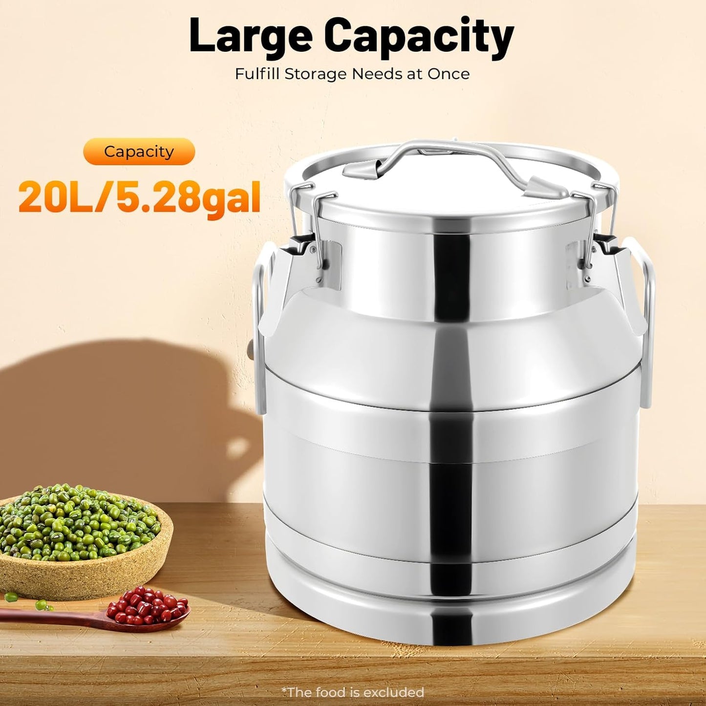 20L/5.3Gallon Stainless Steel Milk Can Wine Pail Bucket Water Jug Liquid Storage Pail w/Lid Commercial Fermentation Barrel Heavy Duty Liquid Storage Kitchen Rice Cereal Grain Coffee Bean Container