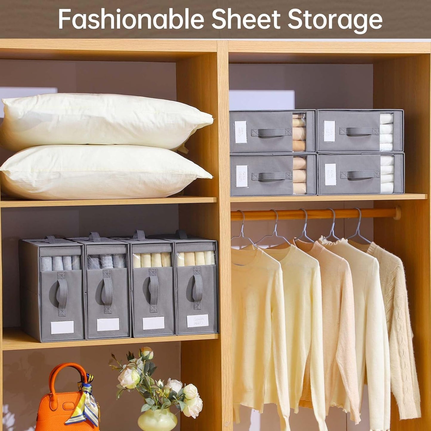Bed Sheet Organizers,4 Pack Linen Closet Organizers and Storage, Foldable Bedding Organizer for Bedsheets, Duvet Covers and Pillow(Queen or King Size), Sheet Storage for Closet with Window