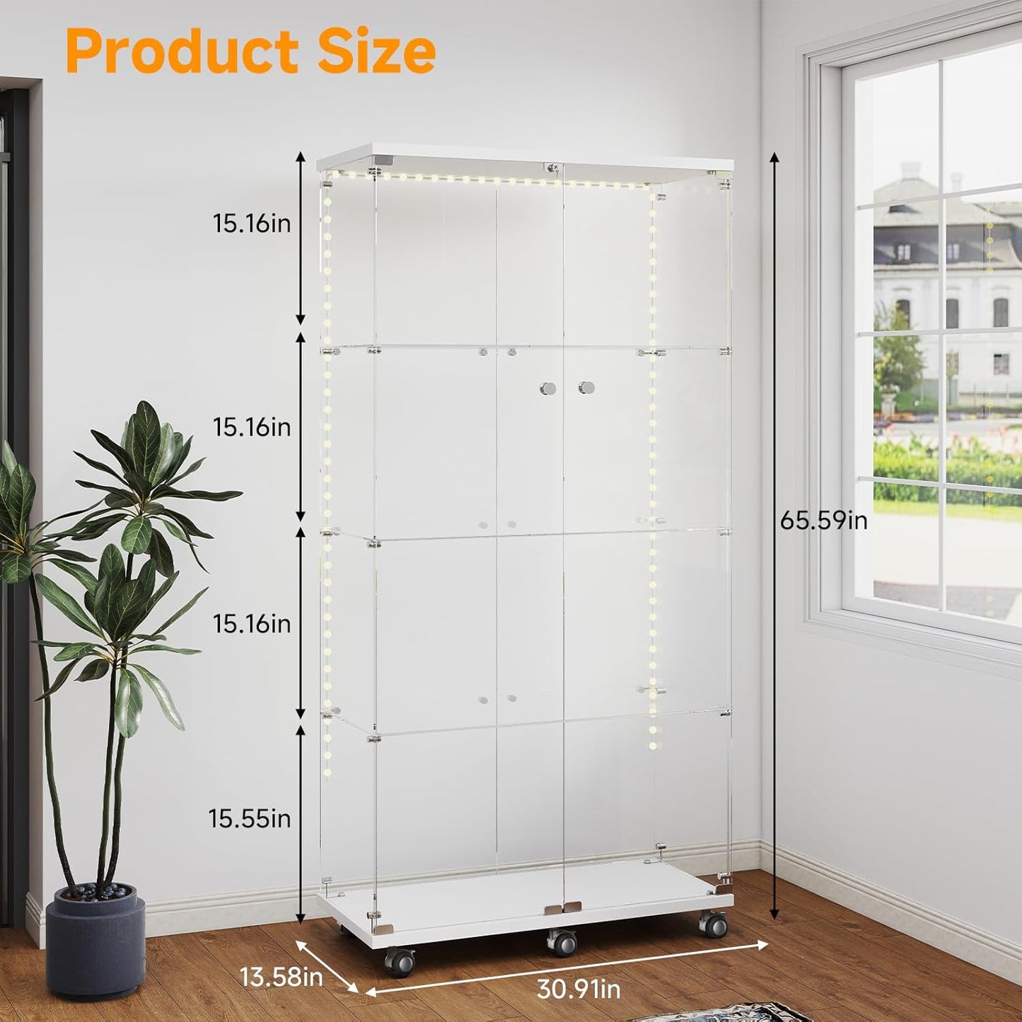 Tempered Glass Display Cabinet with Light Strip, 4-Tier Curio Cabinet with Glass Doors Wheels Locks, Glass Display Case for Collectibles for Living Room, Bedroom, Office, White, Double Door