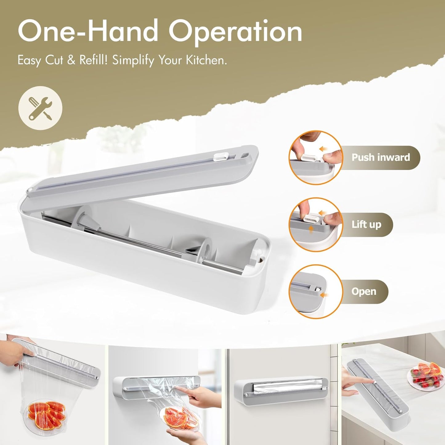 Aluminum Foil & Plastic Wrap Dispenser with Cutter - Magnetic & No-Drill Wall Mount, Cling Film Dispenser for Countertops & Cabinets, Space-Saving Kitchen Organizer - Fits 300 m Rolls, White