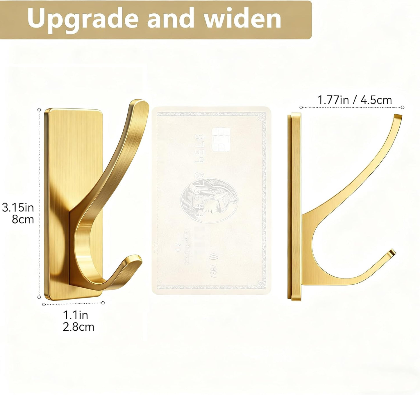pickpiff 13 LB Self Adhesive Coat Hooks for Hanging: Heavy Duty Stainless Double Wall Hook for Towel, Backpack, Hat, Sturdy Metal Hanger for Bathroom, Bedroom, Door, Wall Mounted, 4-Pack, Brushed Gold