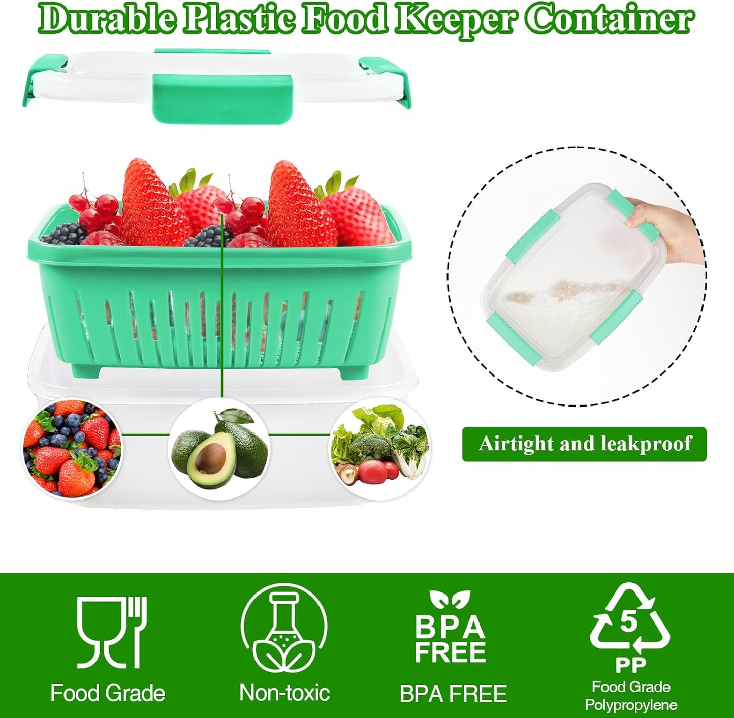 68oz Berry Keeper Fruit Storage Container for Fridge, Fresh Food Produce Saver Containers with Removable Drain Colanders, Vegetable Lettuce Keeper Bowl, Refrigerator Organizer, PRESS TO OPEN CLOSE LID