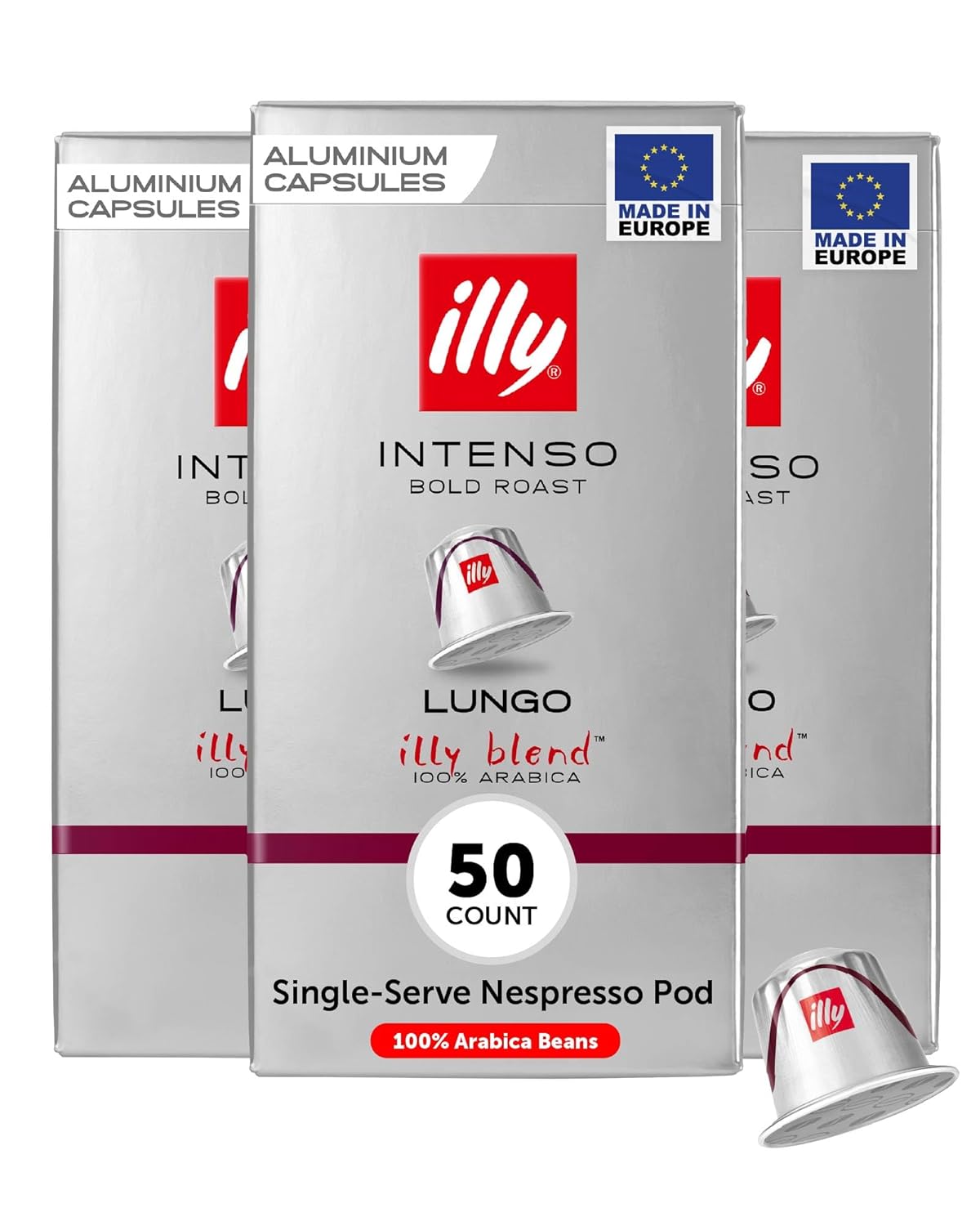 illy Aluminum Espresso Capsules - Compatible with Nespresso Machines - Intenso Lungo Roast Coffee- Bold & Full of Flavor - Notes of Cocoa and Dried Fruit - Single Serve Capsules - 10 Count (Pack of 5)