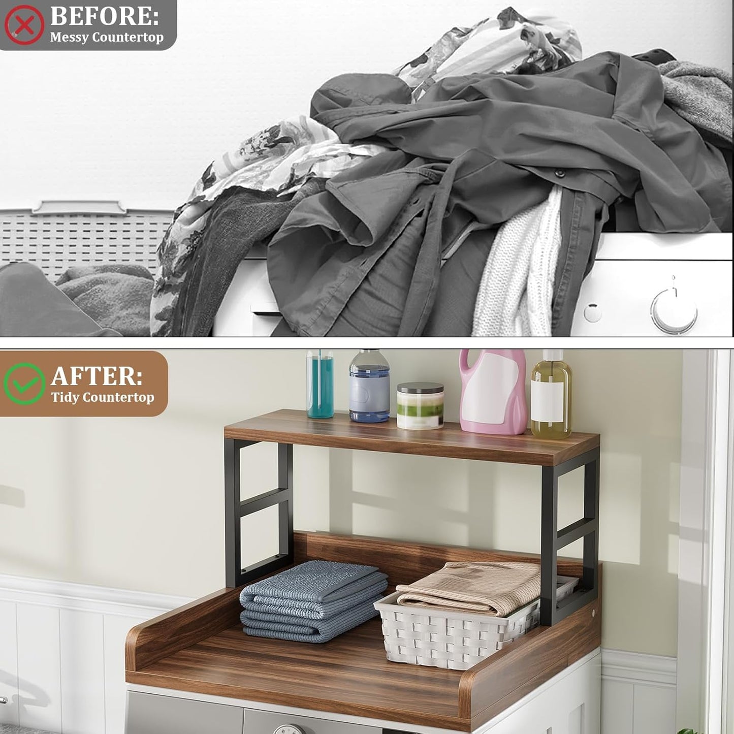 Washer Dryer Countertop with Shelf, 27.5″D x 27.5″W x 16.7″H, Countertop for Washer and Dryer Top with Non-Slip Pads and Edge Rails, Laundry Room Storage and Organization(Walnut)