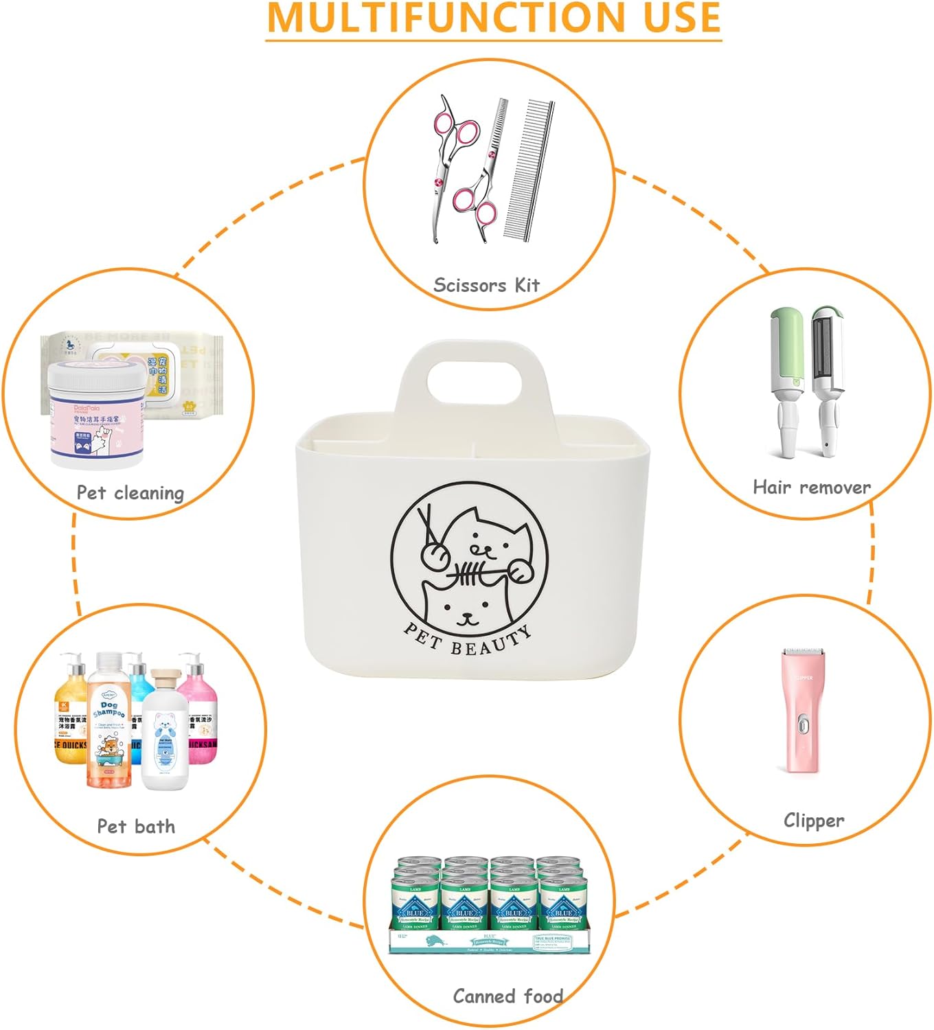 Dog Storage Organizer for Grooming Supplies,4-Compartment Caddy for Dog Cat Grooming Kit,Pet Stuff Storage,Ieal for Shampoo,Trimmer,Clipper,Combo,Brush-Modern Minimalist White