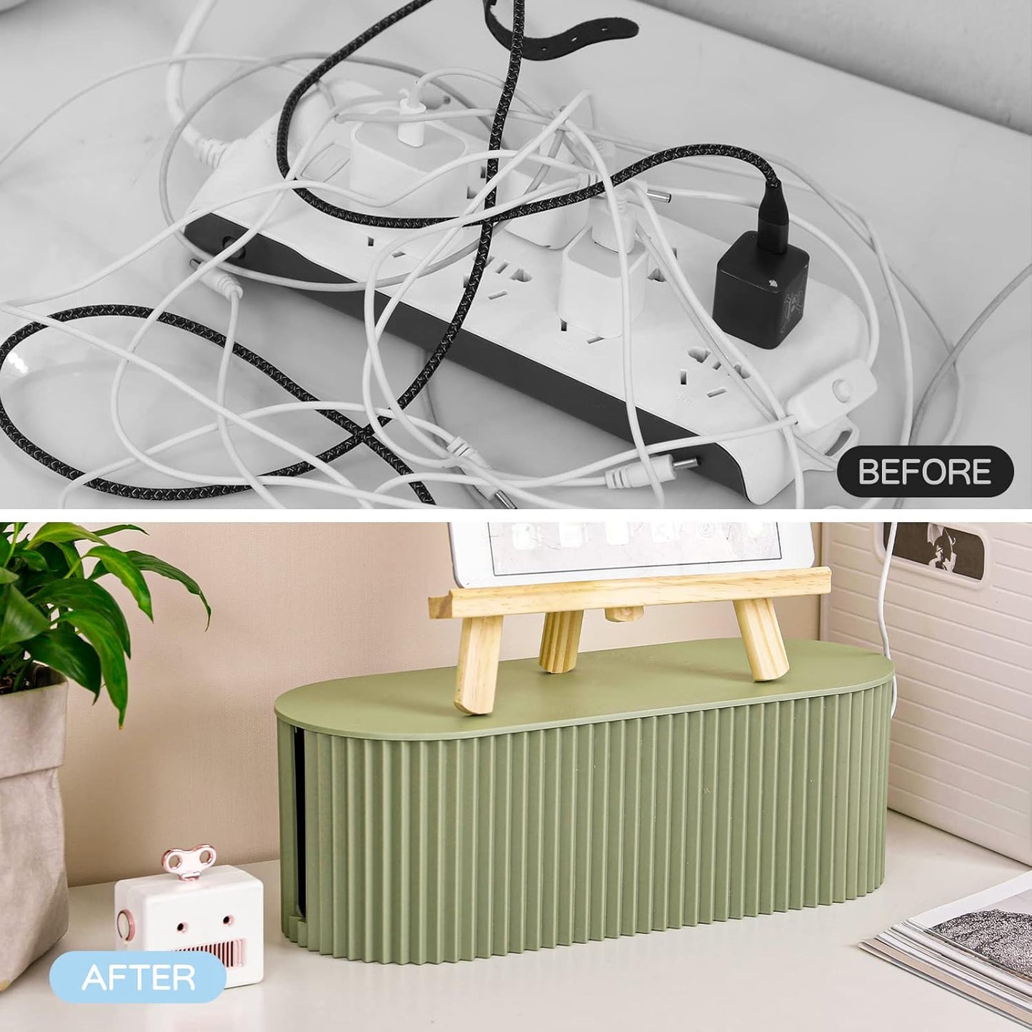 FABROK 2 Pack Cable Management Box, Cord Organizer Box with 20 Cable Ties, Power Strip Storage to Hide Charger Adapter Power Cord Charging Station Green(Small+Large