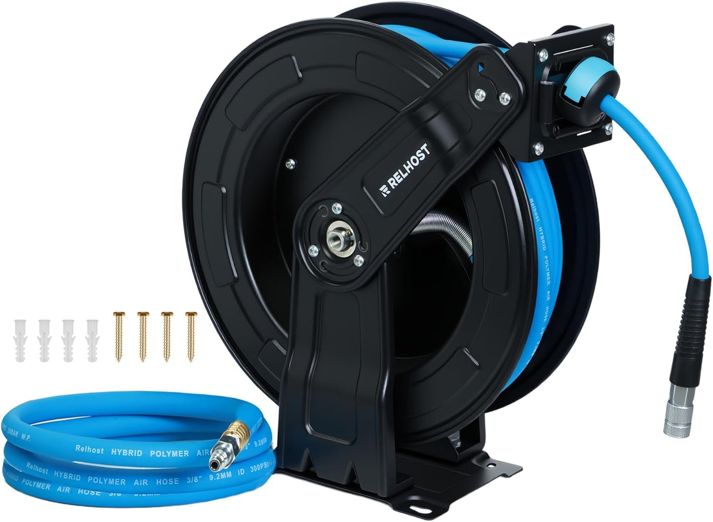 Retractable Air Hose Reel Dual Arms, 50 ft x 3/8 in Hybrid Air Hose Max 300PSI, Heavy Duty Air Compressor Hose Reel, Auto Rewind, Ceiling/Wall Mount for Garage, Workshop, Home Studio