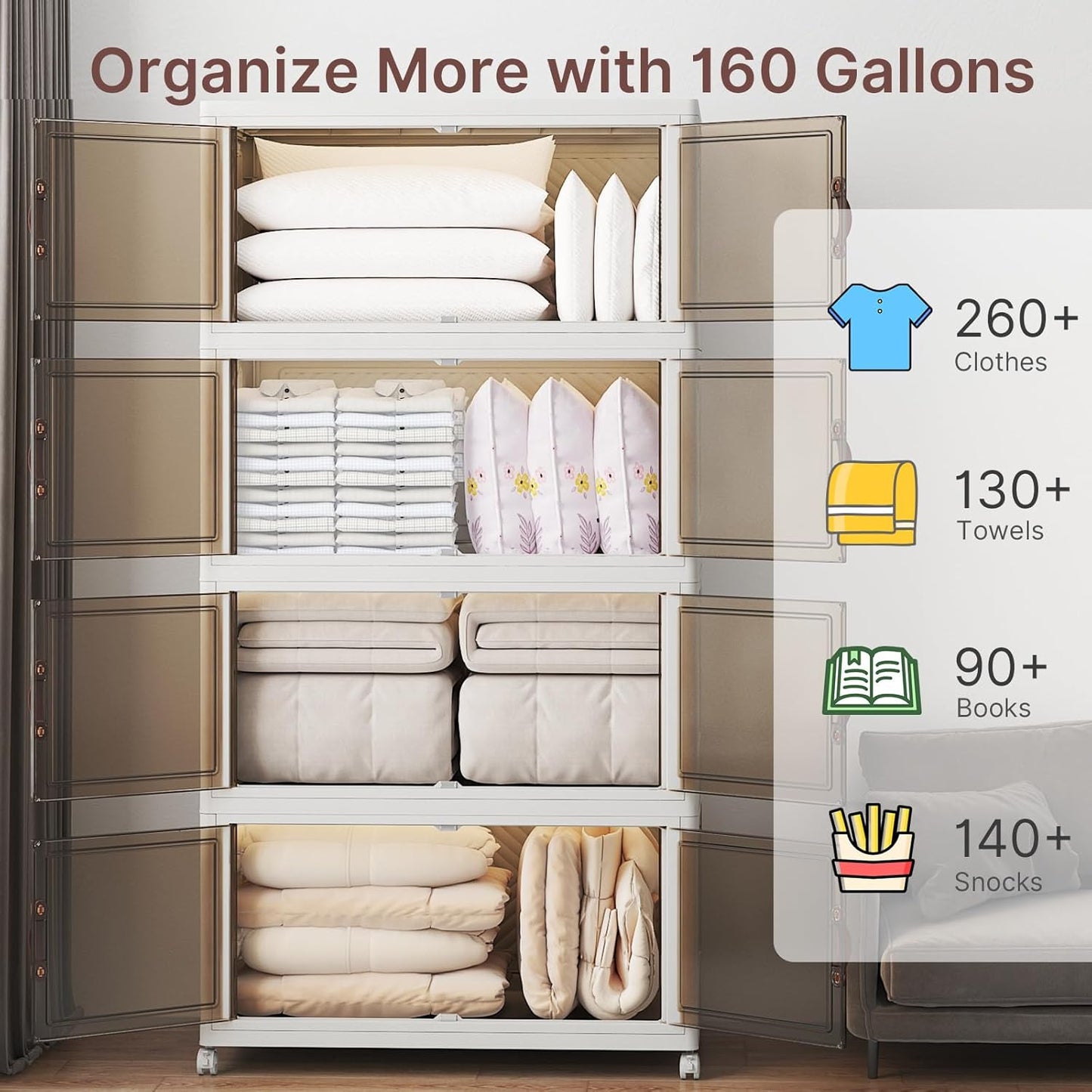 640Qt Stackable Storage Bins with Lids, 4 Pack Large Collapsible Bins with Wheels, Plastic Cabinet with Doors, Foldable Closet Organizers and Storage for Home, Dorm, Office, White