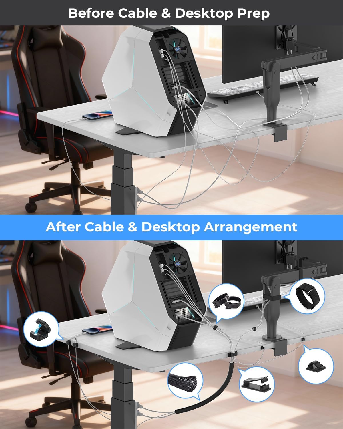 98 Pcs Cable Management Kit, Prevents Cables from Tangling Cable Straps, Cord Management, Wire Organizer for Computer/PC/Desk/Under Desk/Home/Office/Gaming Room