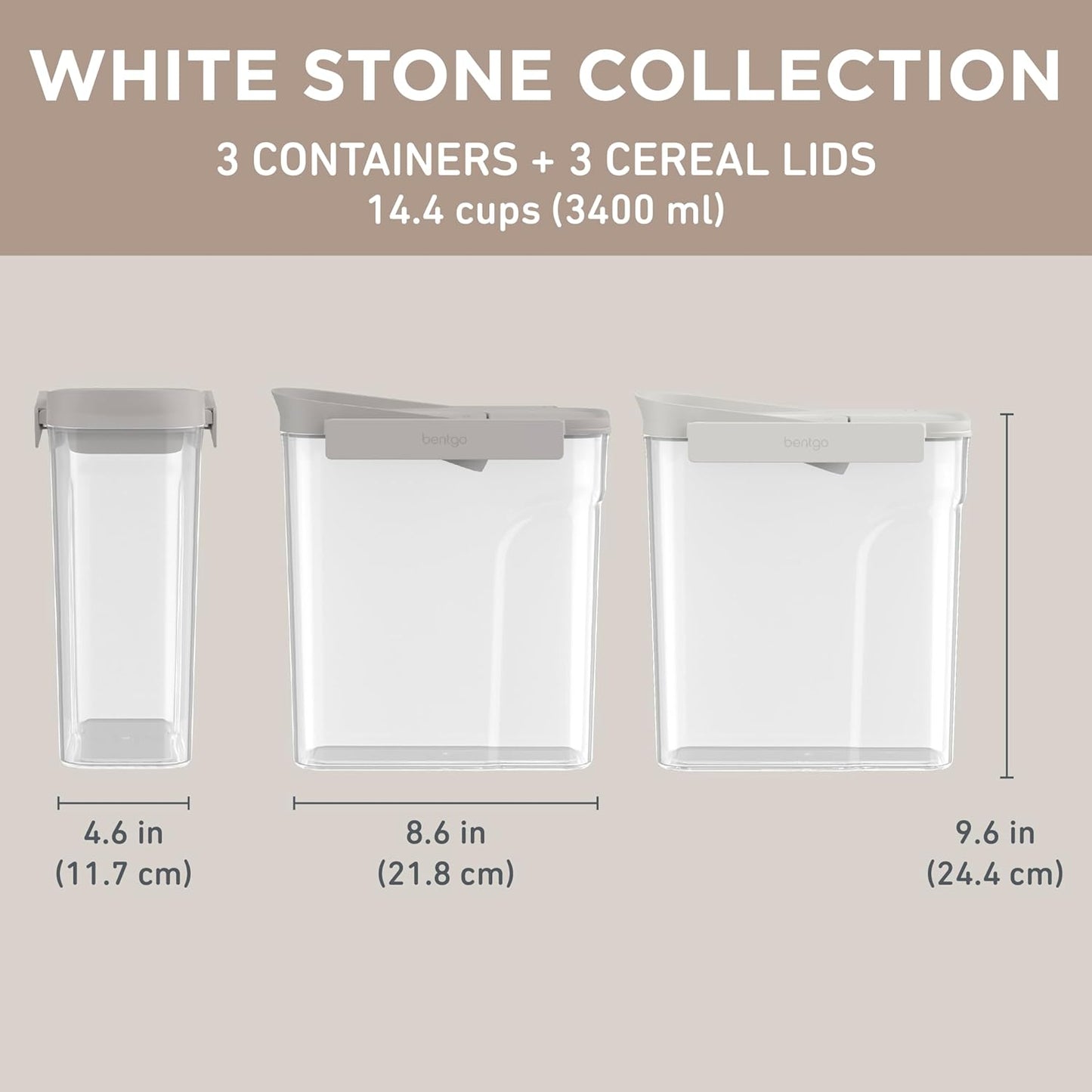 Bentgo Pantry - 6-Piece Airtight Cereal Containers, Easy Push & Pour Lid, Stackable & Clear BPA-Free Storage, Locking Lids for Freshness – Ideal for Kitchen & Pantry Organization (White Stone)