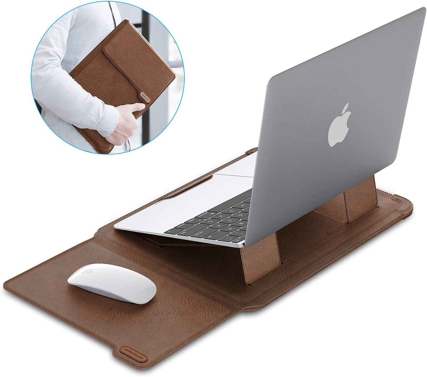 Nillkin Laptop Sleeve 15.6 inch, MacBook Sleeve with Adjustable Stand & Mouse Pad, 2 Stand Modes, 15 inch Laptop Case, Slim MacBook Accessories for Samsung/Surface/Chromebook/HP 13-15.6 inch, Brown
