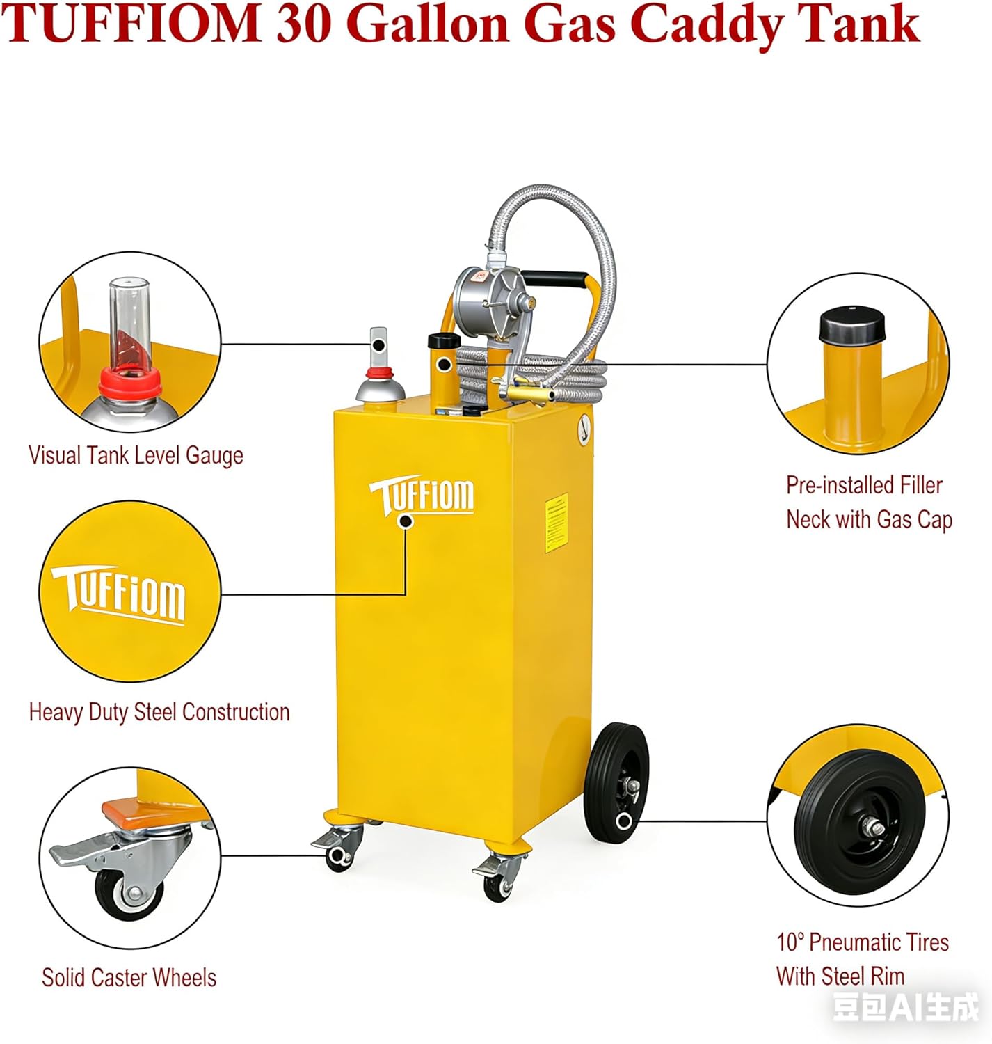 TUFFIOM 30 Gallon Portable Gas Caddy w/Swivel Wheels,Fuel Storage Tank, Gasoline Diesel Can with Fuel Transfer Rotary Hand Siphon Pump for Automobile ATV Car Mower Tractor Boat Motorcycle