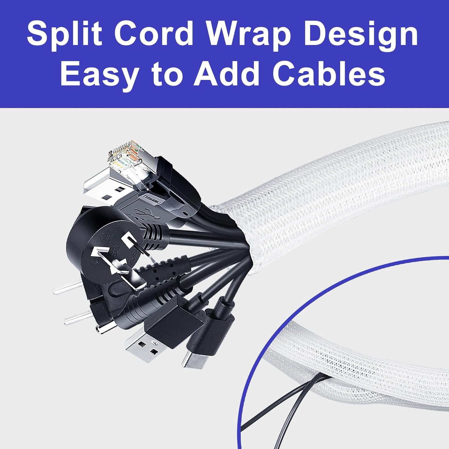 Cable Management Sleeves 1in - 2 Pack 6.6ft Split Braided Cable Sleeve White, Cord Protectors from Pets, Wire Organizers for Cords, Flexible Cord Wrap Wire Sleeve for Computer Cord Organizer