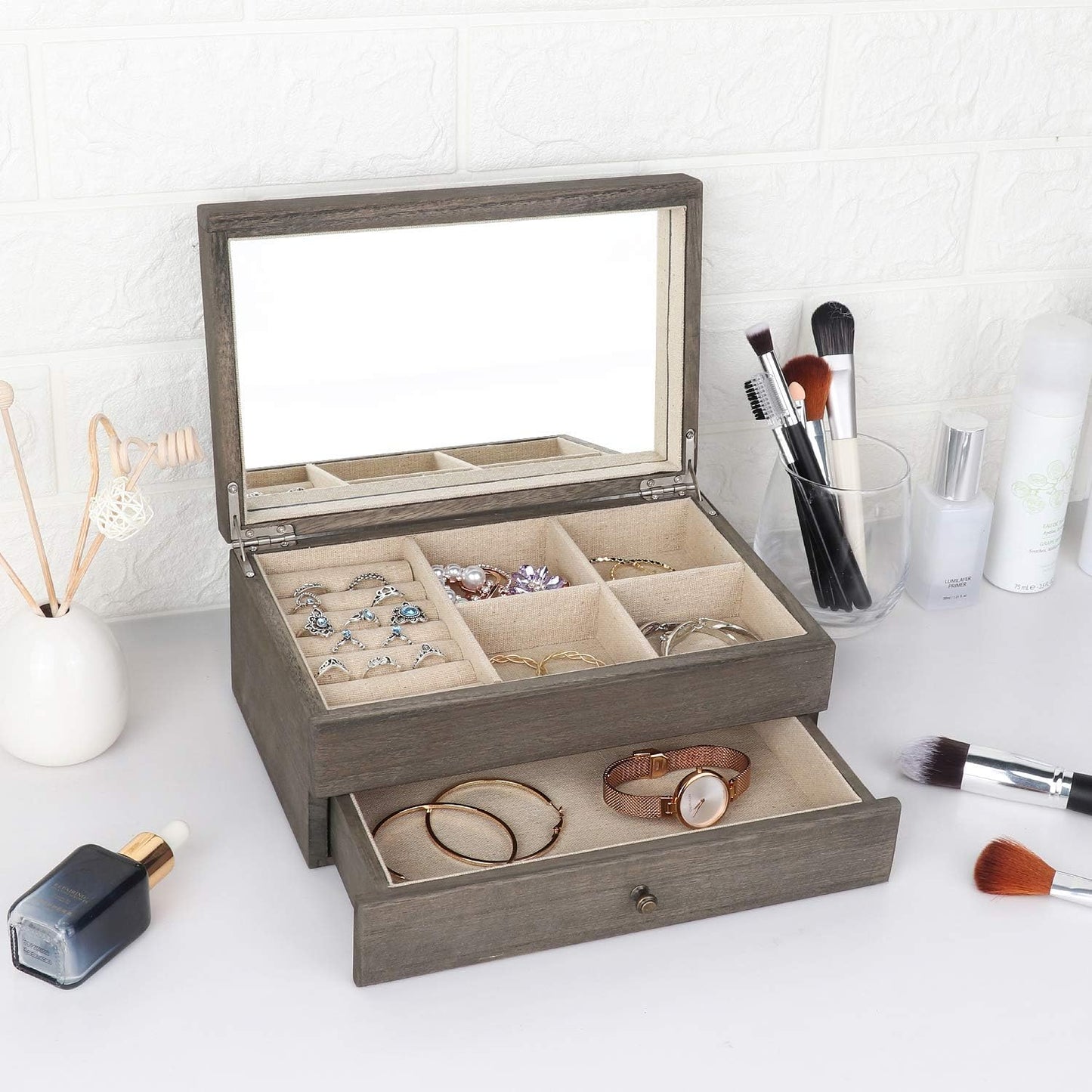 Meangood Jewelry Box Organizer for Women, 2 Layer Large Jewelry Storage Case, Rustic Wooden Jewelry Box with Mirror & Ring Tray for Necklace Earring Bracelets Rings, Vintage Style (Weathered Grey)