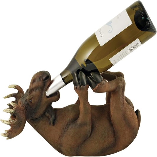 True Mischievous Moose Polyresin Wine Bottle Holder - Tabletop Wine Storage Rack, Gifts for Wine Lovers, Brown, Holds 1 Standard Wine Bottle