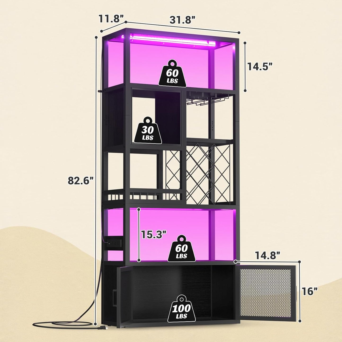 82.6" Tall Bar Cabinet with Power Outlets, 6-Tiers Reversible Wine Cabinet with LED Lights, Glass Holder & Wine Rack, Liquor Storage Cabinet Coffee Bar Unit Station for Dining Living Room, Black