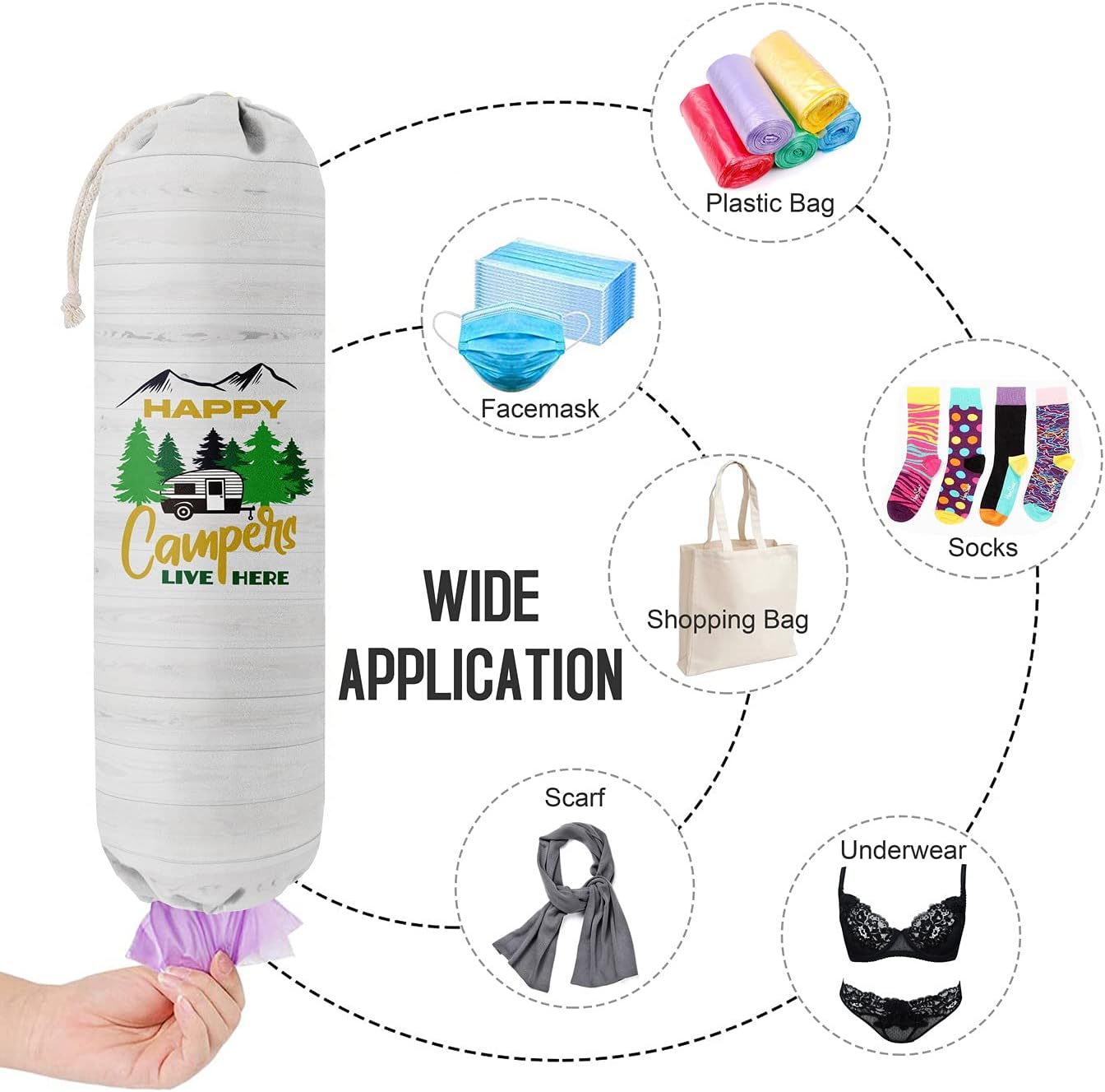 Happy Campers Grocery Bags Holder Organizer, Wall Mount Plastic Bags Storage Container Dispenser, Gift For Family And Friends