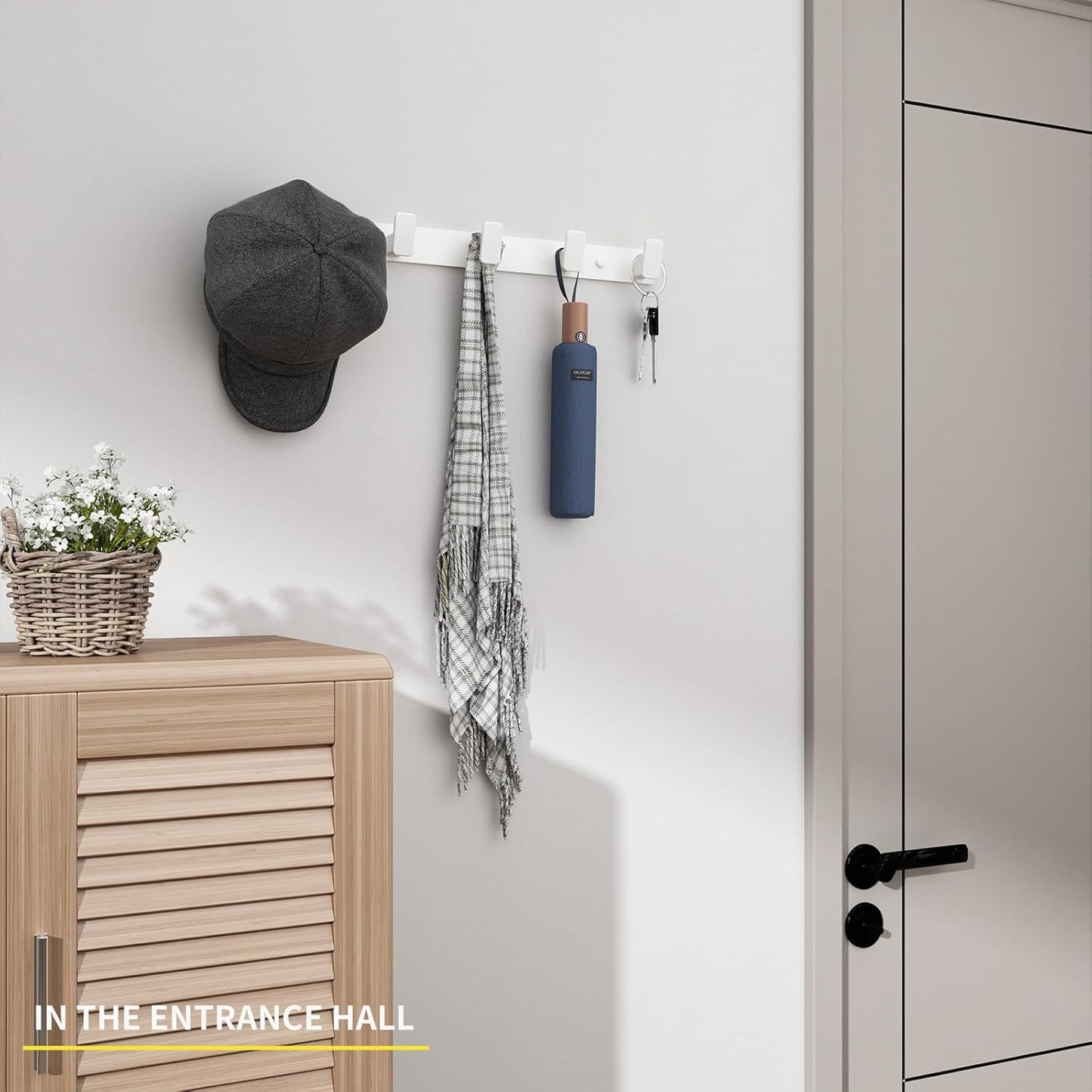 White Coat Rack Wall Hooks for Hanging Heavy Duty Door Hooks with 5 Hooks Key Holder for Wall Hat Rack for Entrance Coat Hook