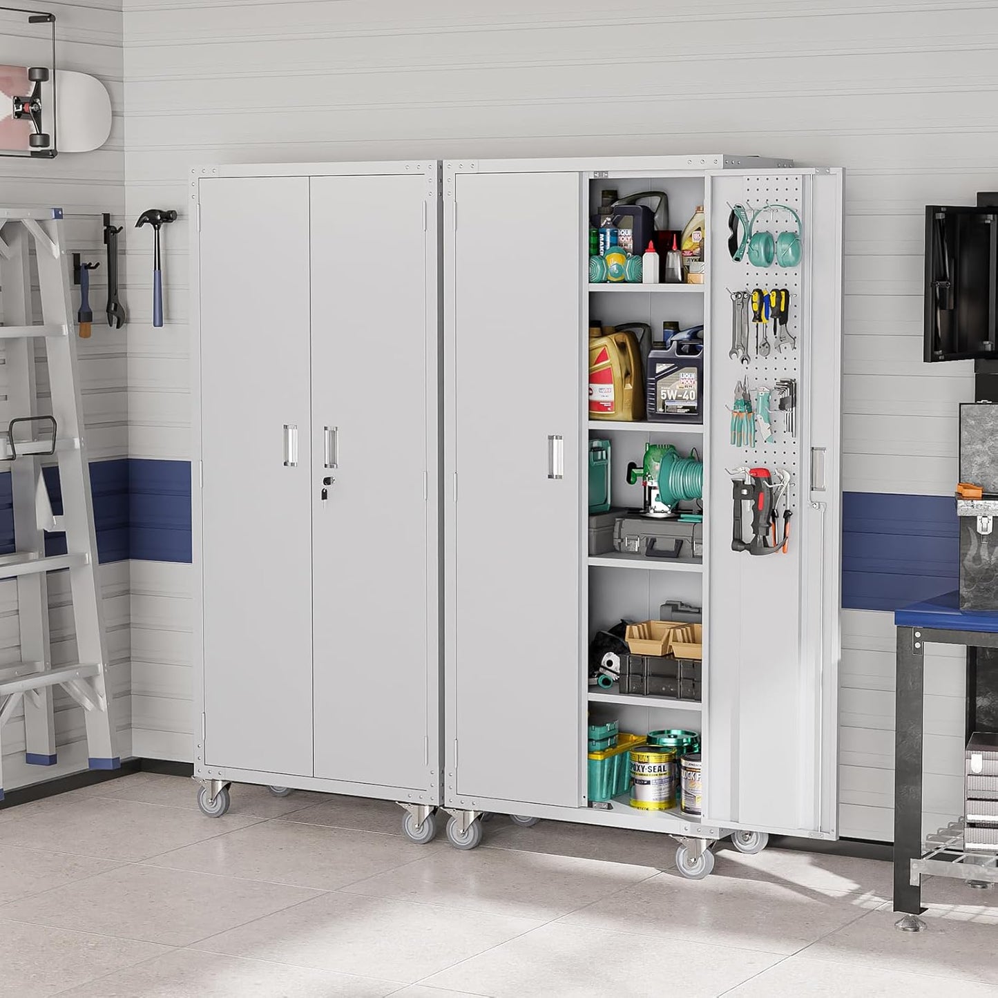 VINGLI 72'' Tall Garage Storage Cabinet, Metal Storage Cabinet with Pegboards, Wheels, Locking Doors and Adjustable Shelves (Gray, 32''W x 16''D x 72''H)