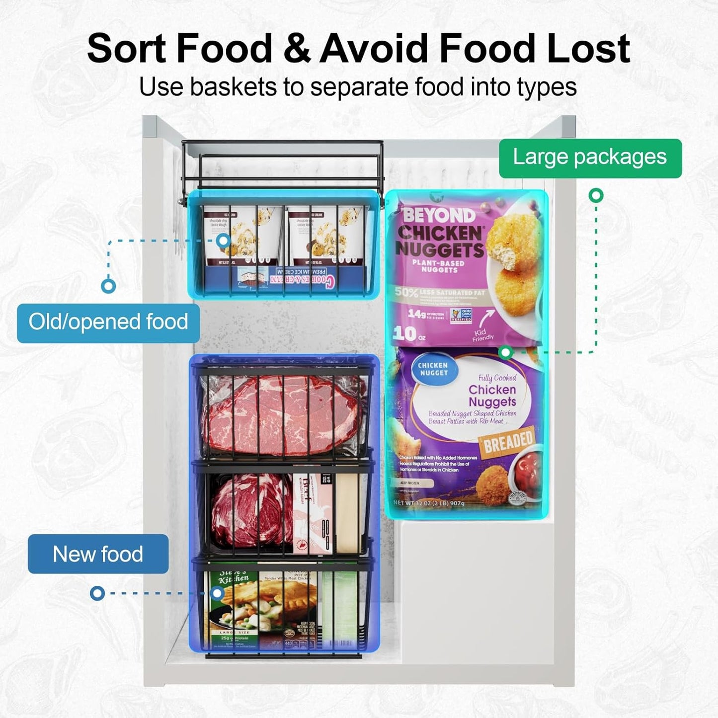 iSPECLE Freezer Organizer Bins - 17.5" Length Fit 5 Cu.FT Chest Freezer, 1 Expandable Hanging Bin & 3 Pack Stackable Deep Freezer Organizer, Sort and Get Frozen Food Easily with Handle, 4 Pack Black