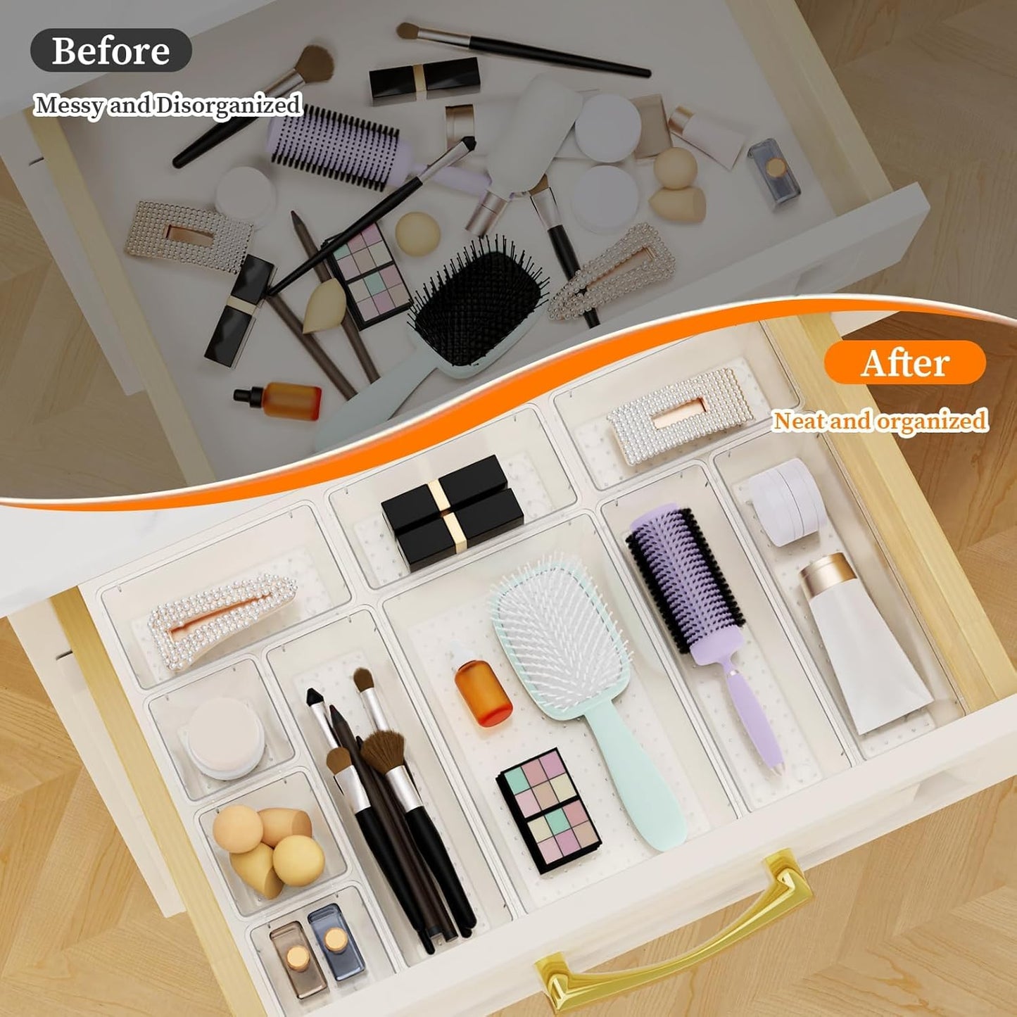 32 PCS Clear Plastic Drawer Organizer Set, 4-Size vanity organizer Trays and Storage Bins for Makeup, Jewelry and Gadgets in Bedroom, Bathroom and Office, Clear
