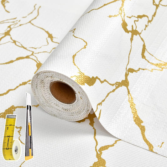 Drawer and Shelf Liner for Kitchen Cabinet Non Slip Waterproof Shelf Paper 17.5 in X 30 Ft Non Adhesive Refrigerator Liners Gold White Marble Easy Liners for Bathroom Cupboard