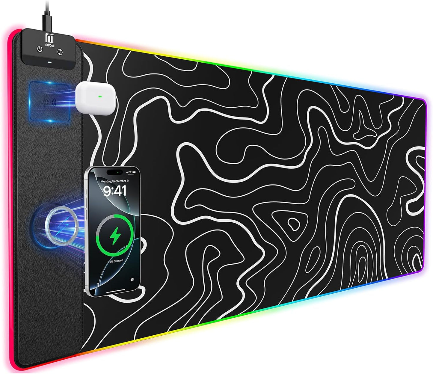 Mouse Pad with Magnetic Wireless Charging, Large Desk Pad Protector, RGB Black Mousepad Desk Mat with 15W Fast Charger, 4mm Thick Non-Slip, Waterproof Laptop Writing Pad for Office, Home, Gaming