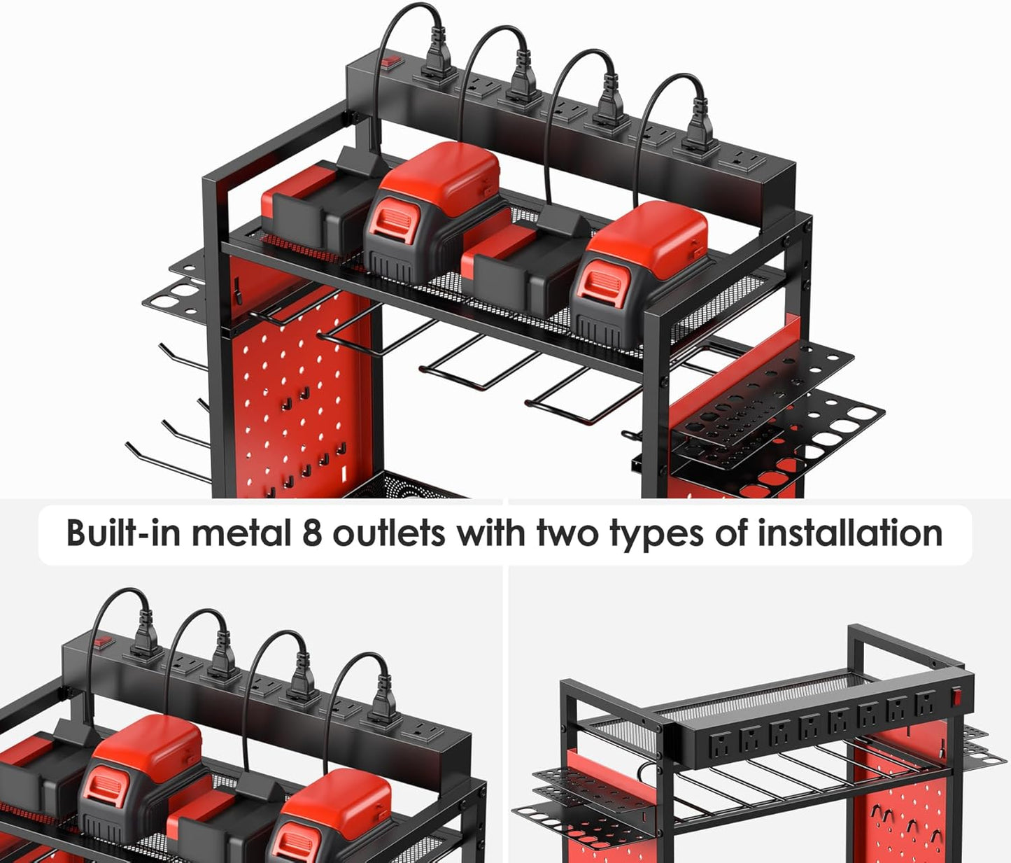 CCCEI Power Tool Organizer Cart with Charging Station, Garage Floor Rolling Storage Cart on Wheels for Mechanic, Mobile 6 Drill, Tool Box Utility Cart with Battery Charging Power Strip, Red.