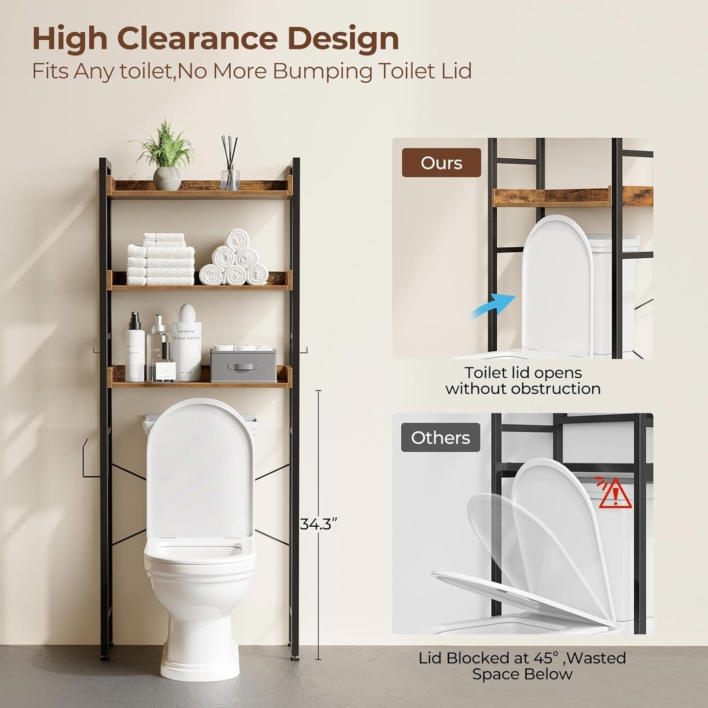 Rolanstar Over The Toilet Storage Rack, 3-Tier Bathroom Organizer Shelf Over Toilet with Adjustable Shelves and Basket Bathroom, Freestanding Space Saver, Rustic Brown