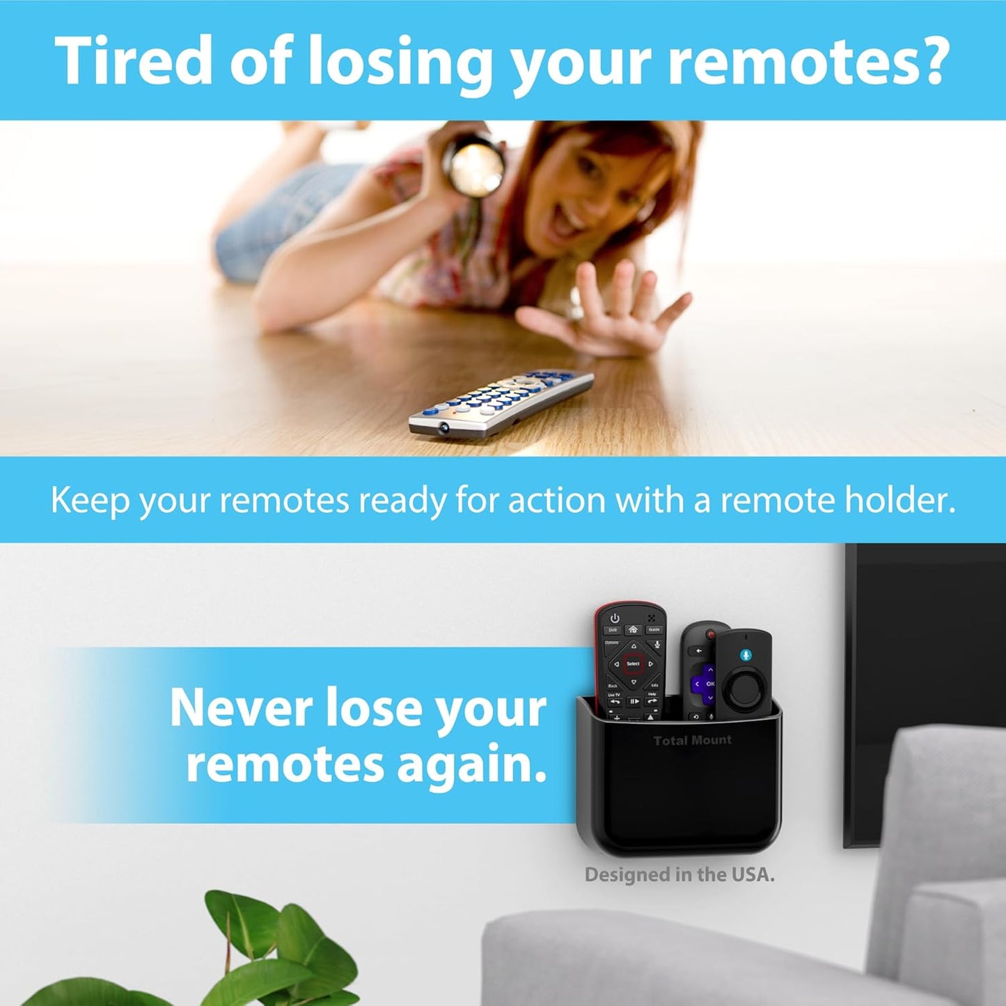 TotalMount Hole-Free Remote Holders – Eliminate Need to Drill Holes in Your Wall (For 2 or 3 Remote Controls – Black – Quantity 2)
