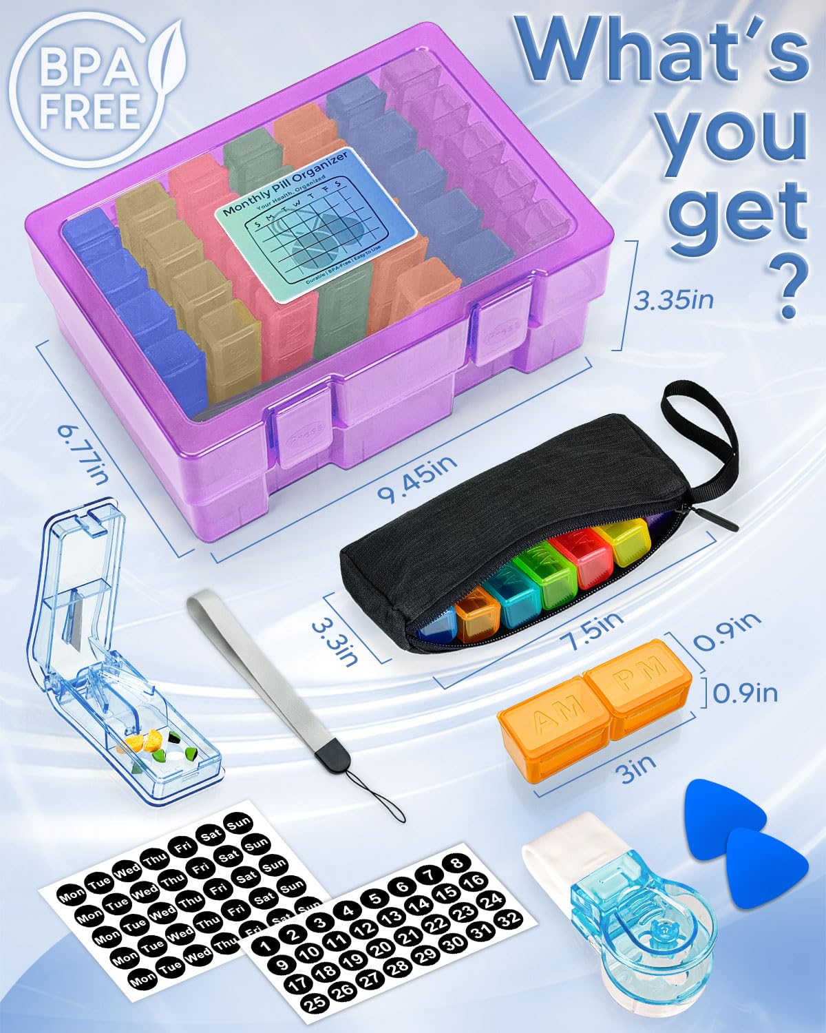 Monthly Pill Organizer 2 Times a Day, FRIWOLE Medicine Box with Portable Weekly Pill Bag, Keychain Pill Case, Pill Cutter and 2 Sticker (Purple, 2 Times a Day)