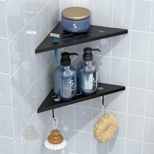 DAYONE Matte Black Corner Shower Shelf 2 Pack 10", Bathroom Corner Shower Organizer Shelf for Tiled Wall, SUS304 Stainless Steel Slot Design Recessed Organizer Shelves with 2 Hooks and 4 Holes