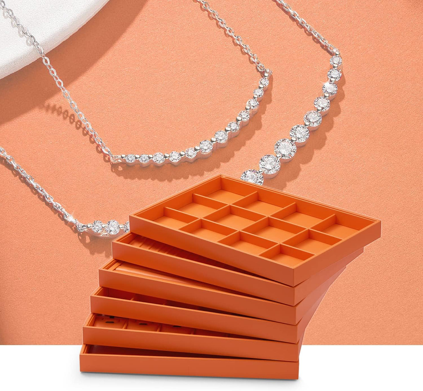 Oirlv Luxury Orange Leather Jewelry Tray Stackable Flat Jewelry Drawer Organizer Earrings Rings Bracelets Storage