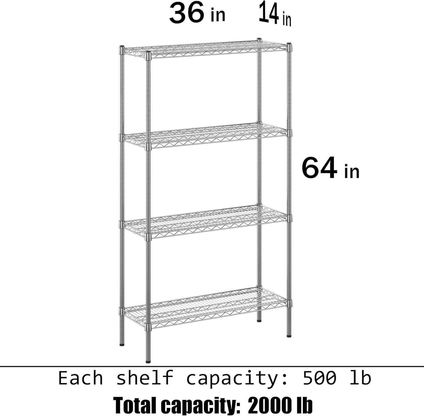 14" Deep x 36" Wide x 64" Height Wire Shelving Kit | 4-Tier | NSF Commercial Storage Rack Unit