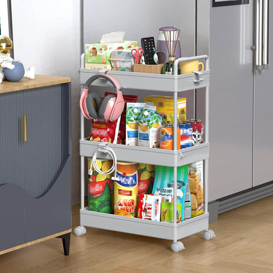 SOLEJAZZ 3 Tier Rolling Storage Cart with Wheels Slim Craft Nail Makeup Snack Art Baby Utility Cart Organizer on 2 Lockable Wheels for Bathroom Laundry Room Kitchen Bedside Narrow Spaces, Gray