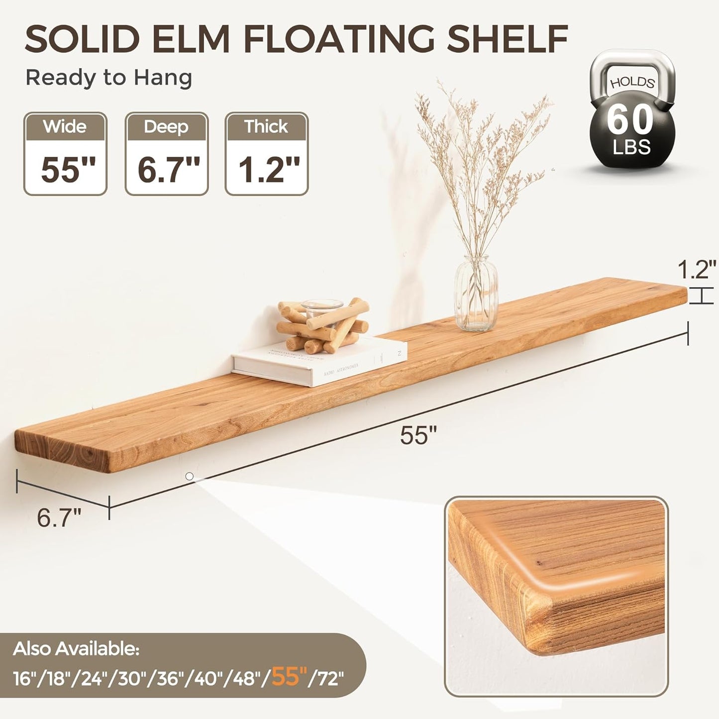 Fun Memories 55 Inch Floating Shelves for Wall, Solid Elm Wood Wall Shelf for Home Decor, Heavy-Duty Hardwood Floating Shelf for Bedroom, Bathroom, Living Room, Set of 1