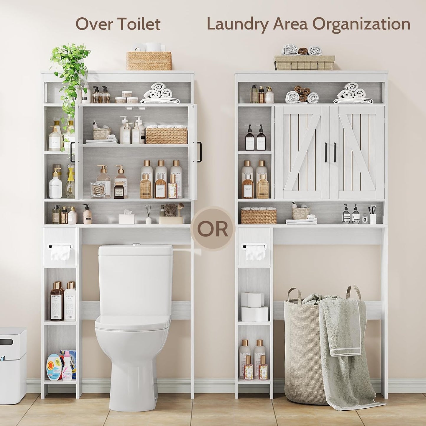 Over The Toilet Storage Cabinet with 2 Barn Doors & Built-in Toilet Paper Holder, Farmhouse Space-Saving Organizer for Bathrooms and Laundry Room, White