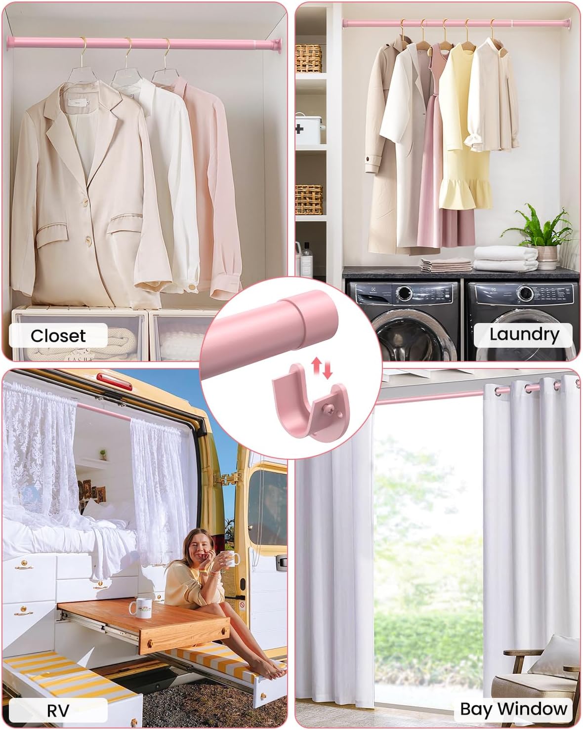 Closet Rods for Hanging Clothes, 17 to 84 Inches Stepless Adjustable Metal Closet Rod, 1.3 Inches Heavy Duty Clothes Hanging Rod for Closet Wardrobes Laundry RV, Pink