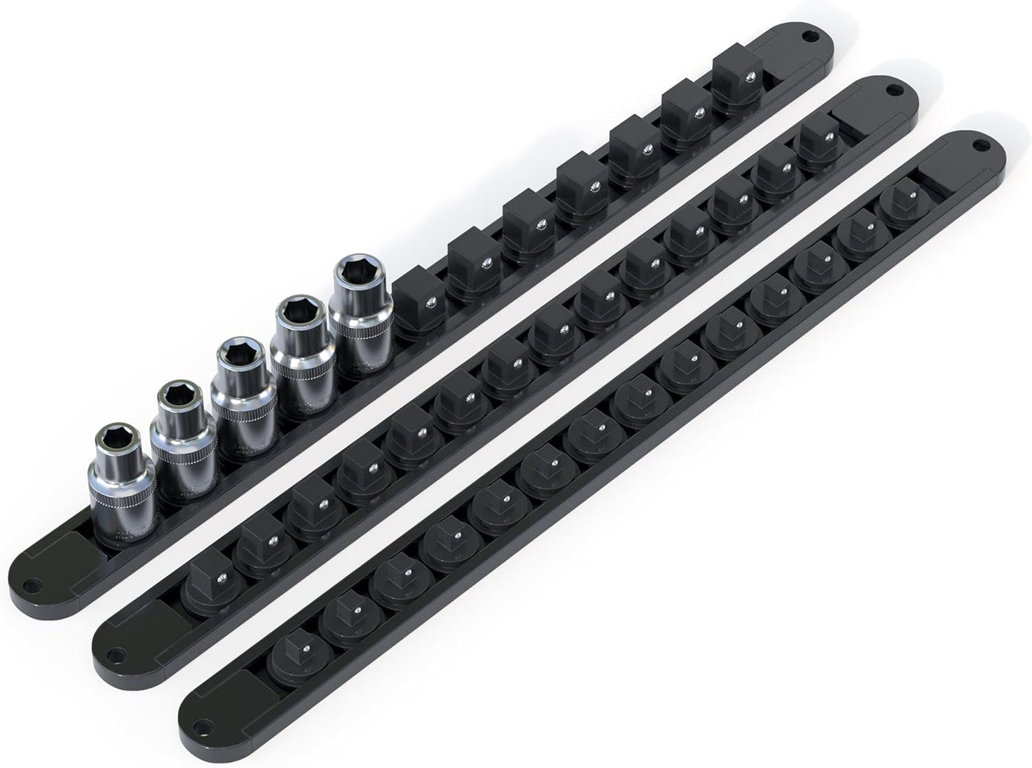 FivePears 3PCS 360° Socket Organizer Twist Lock,3/8 1/4 1/2 Socket Storage Rails, Premium Quality Socket Holders for Tool Box ，Tool Carts，Contains up to 40 Clips (Blue, Red and Black)