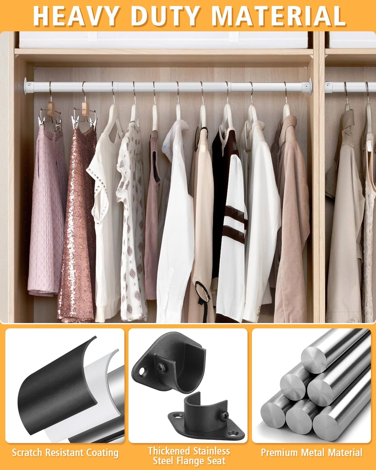 Closet Rod, 17 to 76 Inch Heavy Duty Adjustable Metal Clothing Rack for Hanging Clothes, Closet Poles for Wardrobes, Laundry, Durable Steel, White