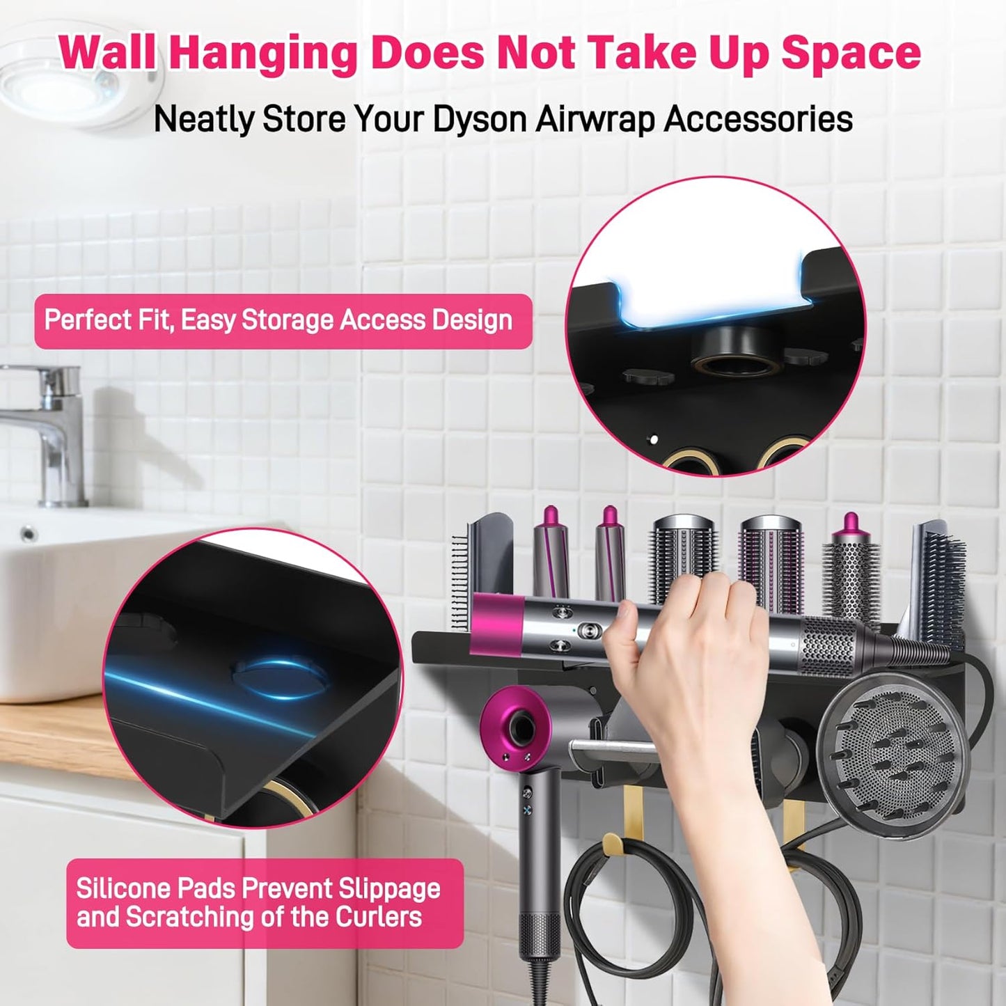 Wall Mount Hair Holder Compatible With Dyson Airwrap and Hair Dryer, Upgraded 2-in-1 Magnetic Dryer Holder Fit for Accessories Nozzles Barrels Brushes