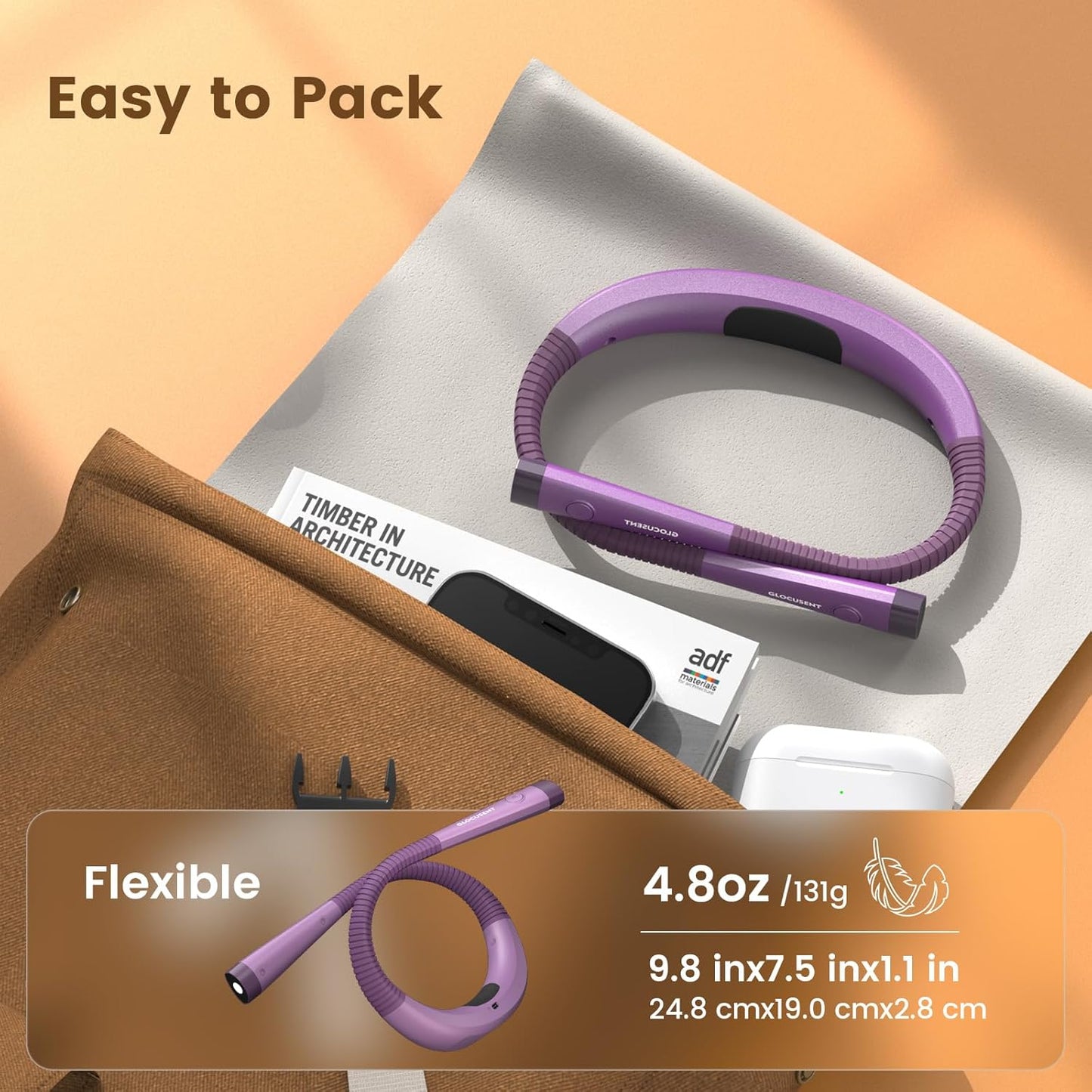 Glocusent Book Light, 3-Color & 6-Brightness Reading Light, Bendable Neck Light, 80-hr Lasting Rechargeable Book Light, Perfect Reading Lights for Books in Bed, Knitting, Repairing, Book Lovers Gifts