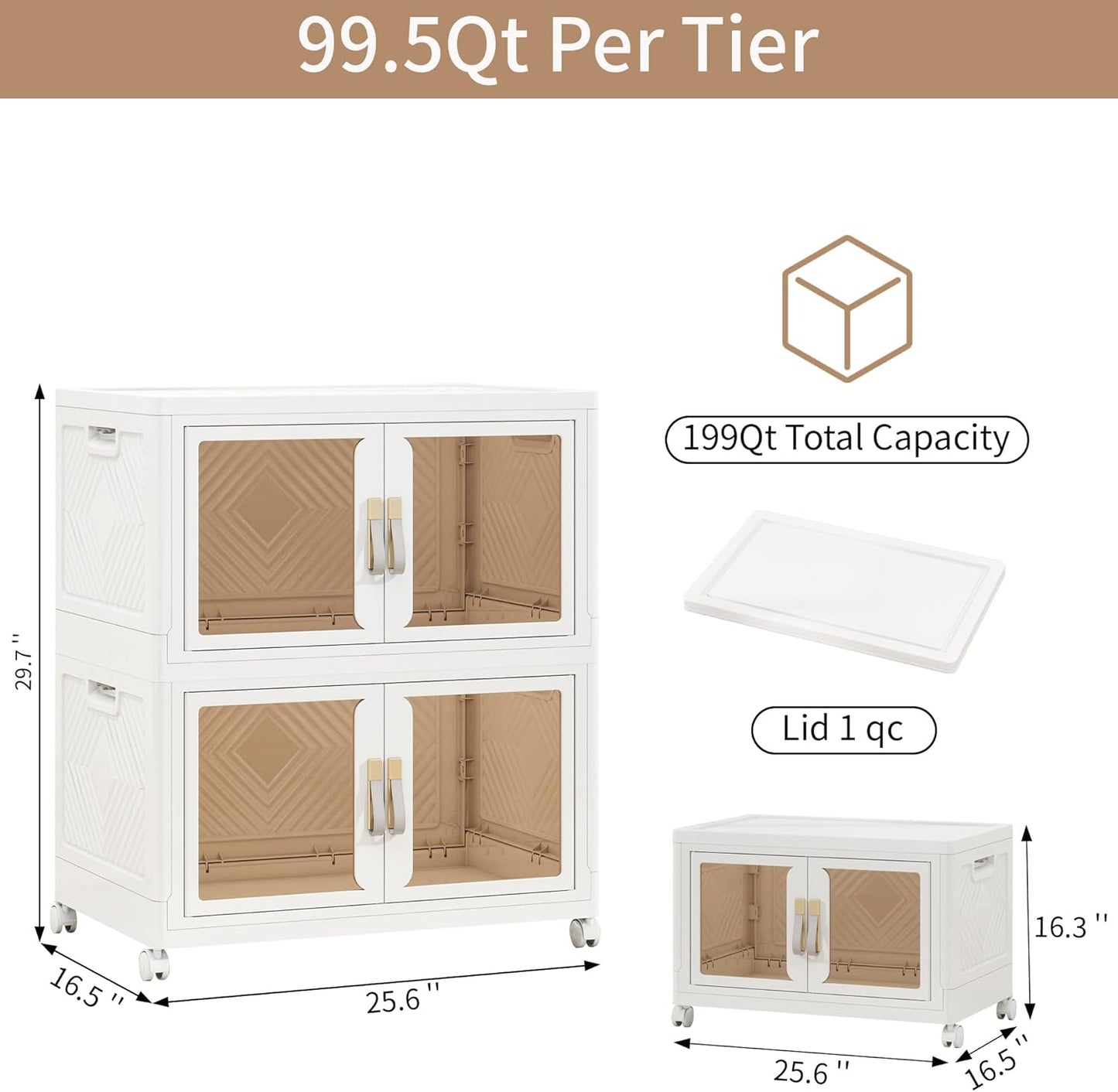 Large Clear Stackable Storage Bins with Lids, Foldable Storage Cabinet for Closet Organizers and Storage, Plastic Storage Box with Wheels 199 QT