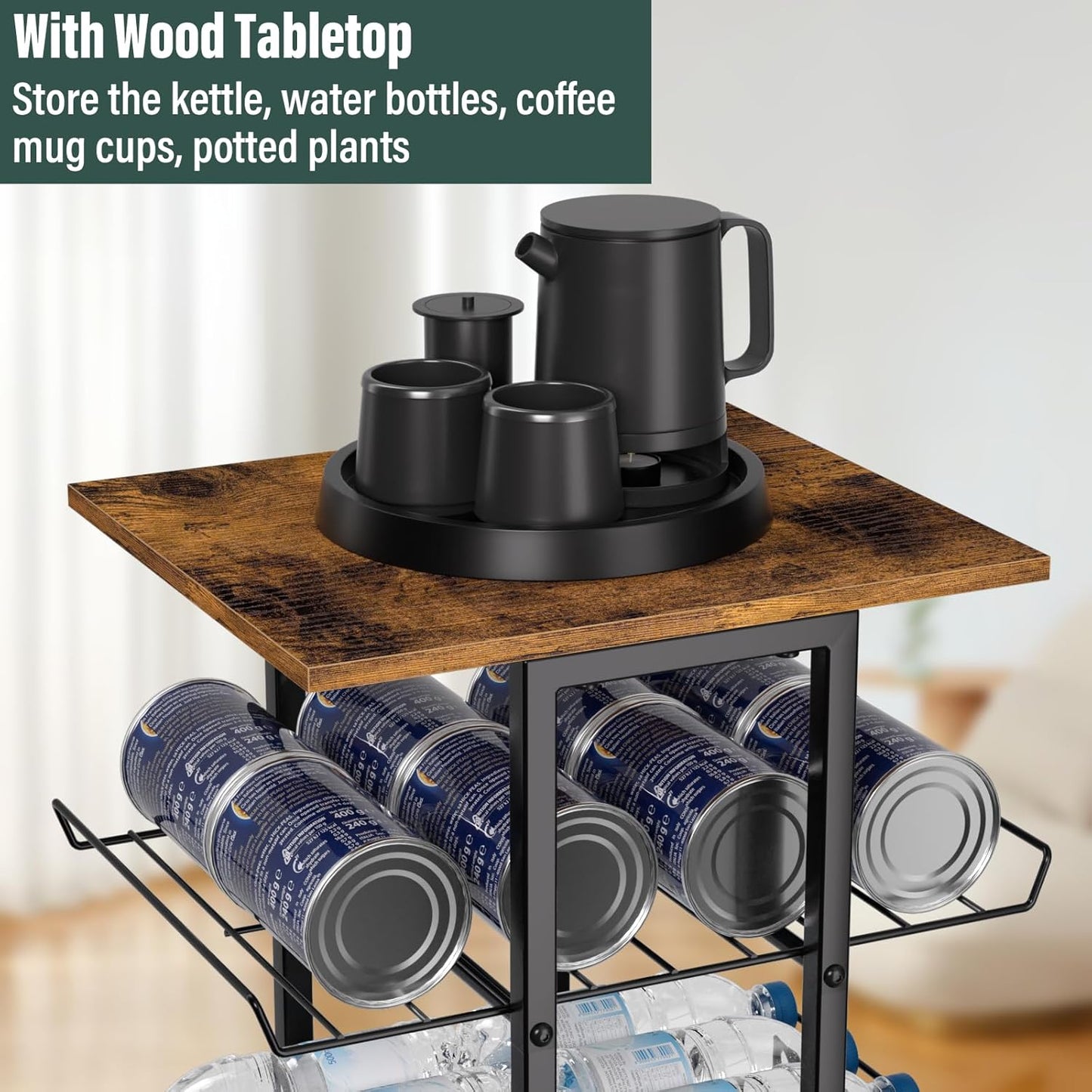 Water Bottle Organizer 6 Tier Bottled Water Storage Rack with Wheels Water Bottle Stand Drink Holder Metal Beverage Rack Soda Can Shelf Organizer for Pantry Kitchen Home Office Party, Brown
