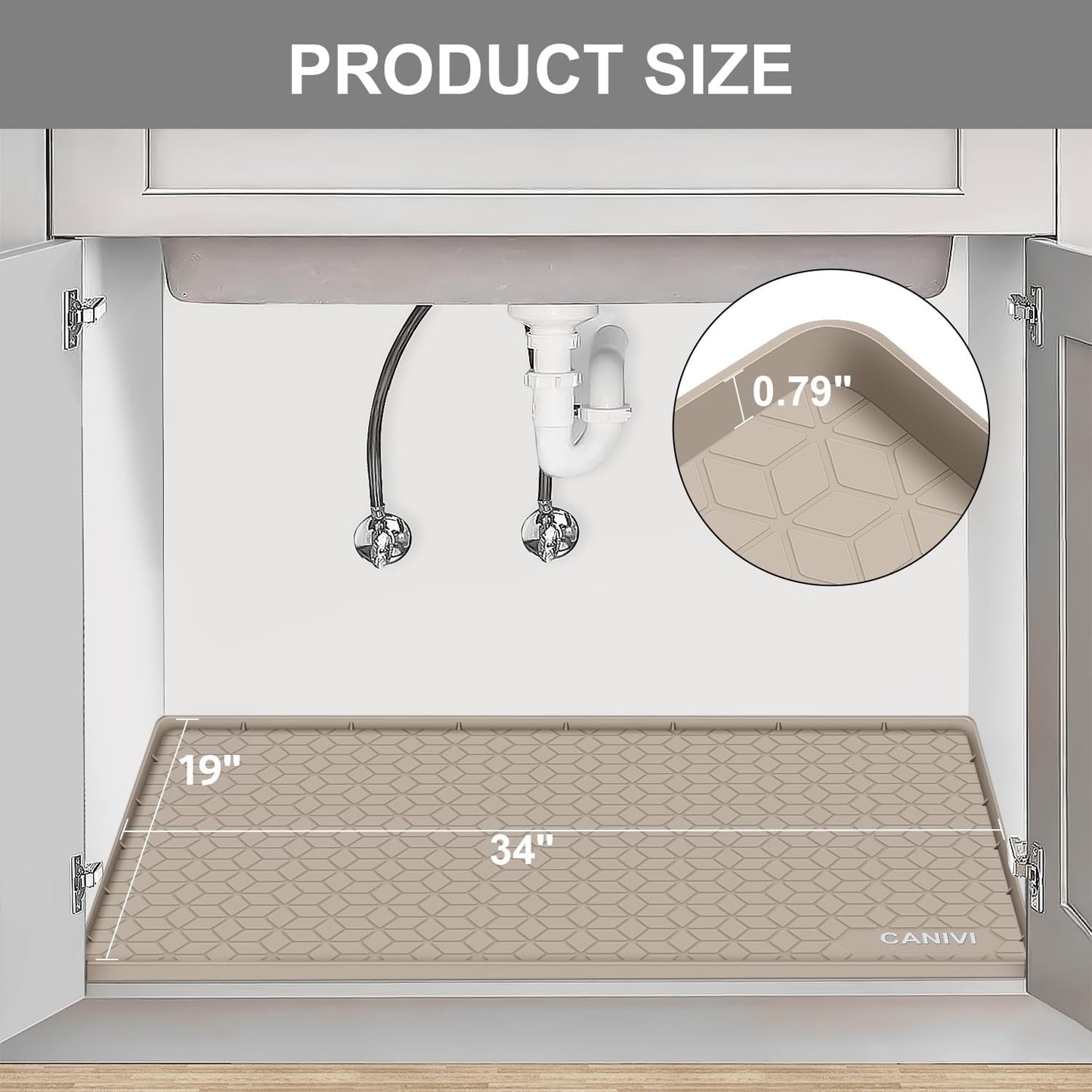 Under Sink Mat, 34" x 19" Waterproof Silicone Under Sink Tray for Kitchen & Laundry Cabinets, Kitchen Cabinet Shelf Protector, Up to 3.3 Gallons Liquid, Fits 36 inch Standard Cabinet Apricot