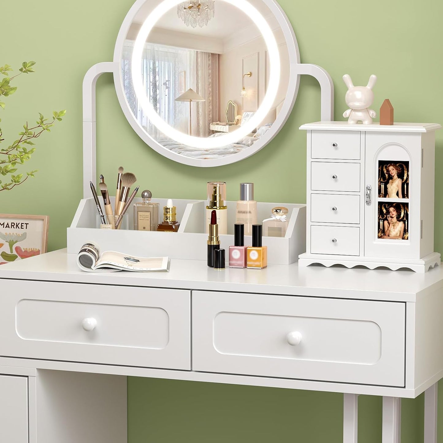 Bonnlo Small Jewelry Box Organizer with Photo Frame Door & Velvet Ring Holder, French Style Jewelry Storage Case with Rotating Necklace Hooks & Drawers, White,9.5" W*4.75" D*10.75" H