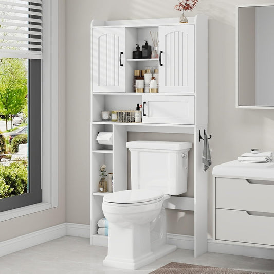 Vabches Farmhouse Over The Toilet Storage Cabinet with 2 Barn Doors & Sliding Door, Over The Toilet Bathroom Organizer with Open Storage Layer and Adjustable Shelves & Hooks.White