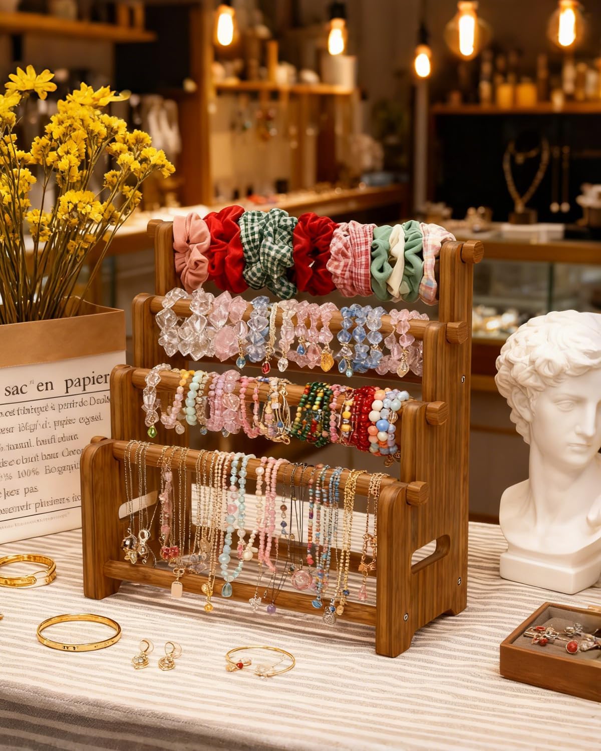 NEEKFOX Wooden Bracelet Holder, 4 Tier Jewelry Bracelet Display Stand, Bracelet Organizer Storage for Bracelets Bangles Scrunchies, Jewelry Organizer Display for Home, Vendors, Craft Shows and Store
