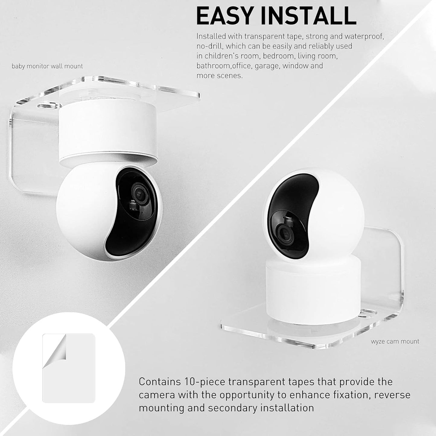 OAPRIRE Acrylic Floating Wall Shelves Set of 3 for Security Cameras, Baby Monitors, Speakers - Universal Small Wall Shelf with Cable Clips, 10-Piece Strong Tapes, No Drill (Clear)