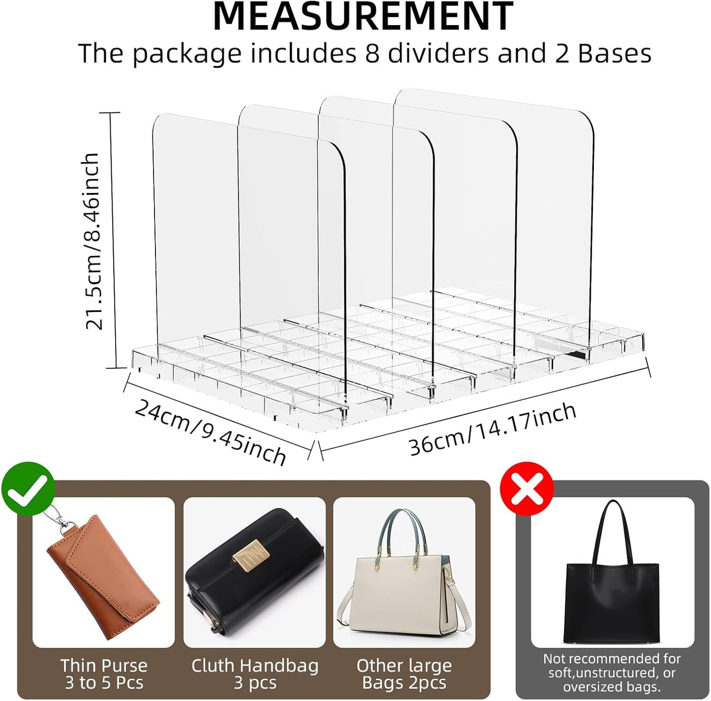 Bag & Purse Organizer for Closet Stackable Acrylic Shelf Dividers for Closet Organization, Clear Handbag Purse Storage Organizer Divider, Keep Clutch, Wallet, Pocketbook Upright, 6 Pack